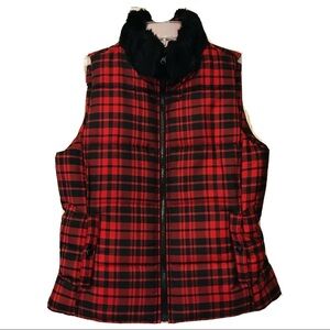 Chaps Puffy Vest Faux Fur Collar Buffalo Plaid Sip Front